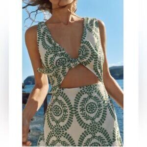 ZARA Perforated Knotted Embroidered Midi Dress Floral V-Neck Cut-Out Tiered